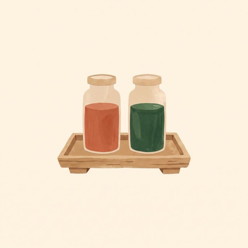 Paper-cut illustration of two glass vials side by side on a wooden tray, one terracotta and one green